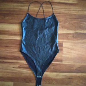 Forever 21 Faux Leather black spaghetti strap body suit size s